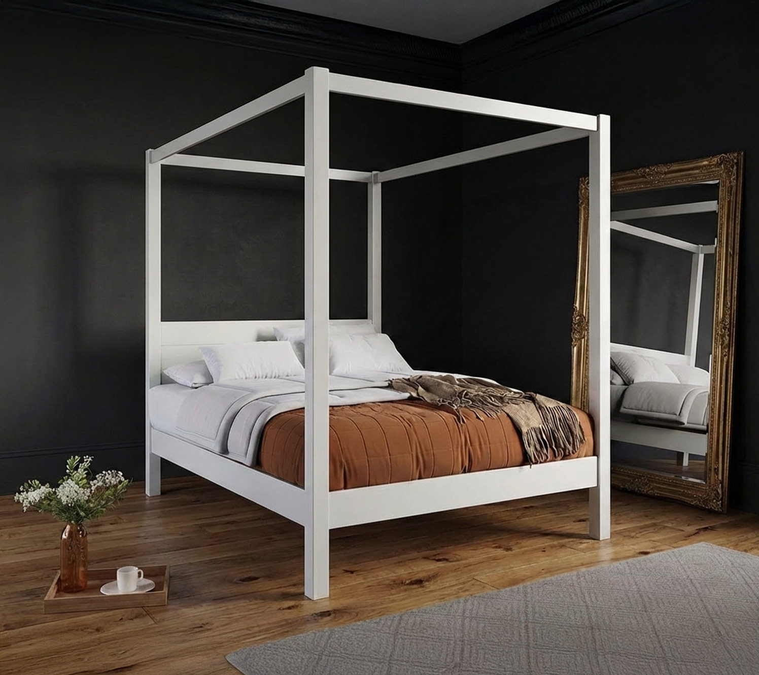 Gold mirrors in a black and gold bedroom