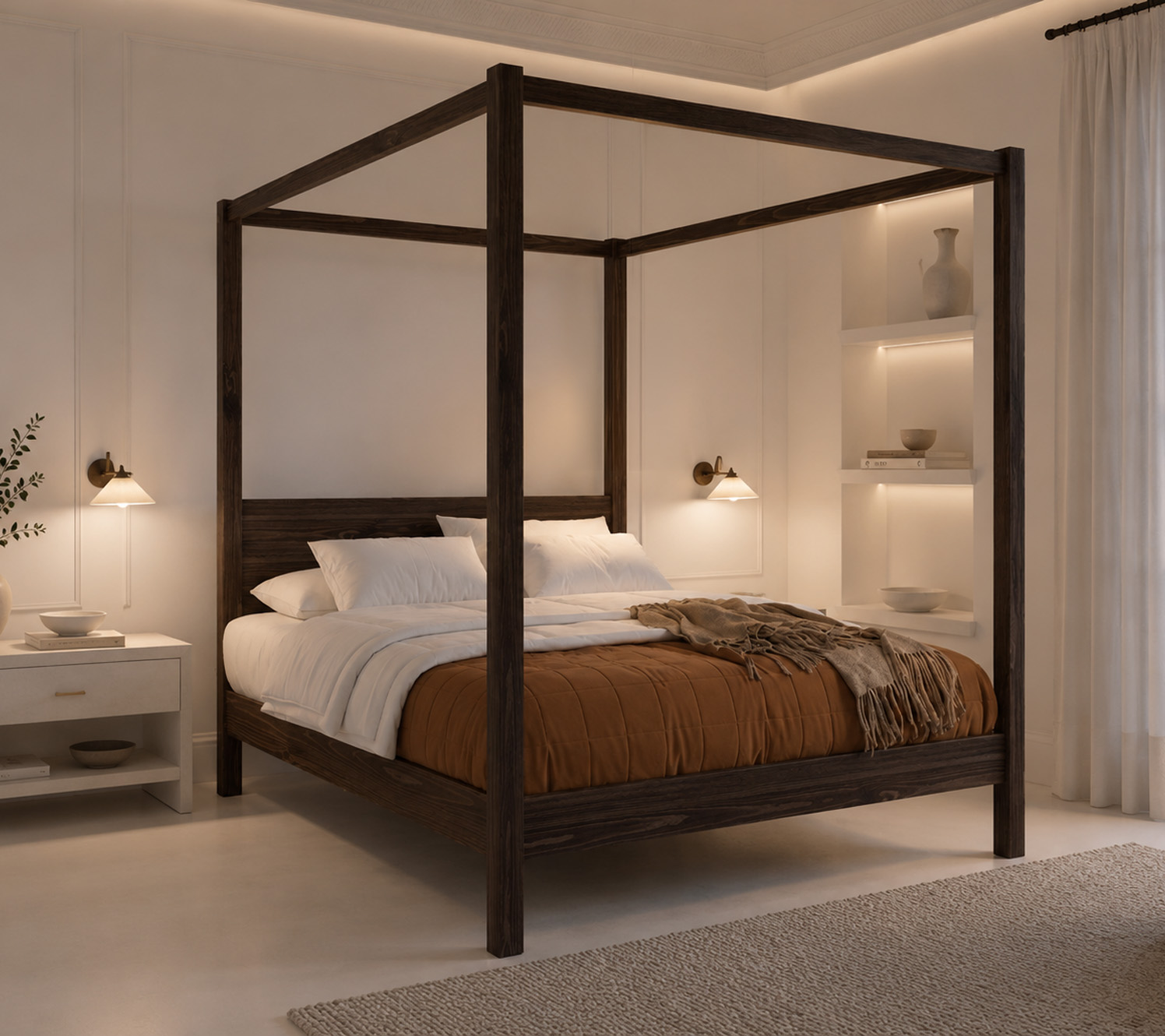 white bedroom style layered lighting